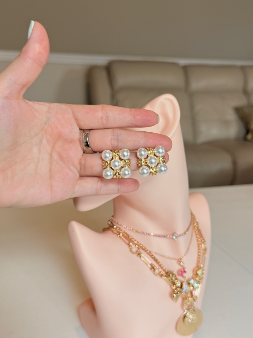 Gold and White Pearl Cluster Stud Earrings - Picture 8 of 10